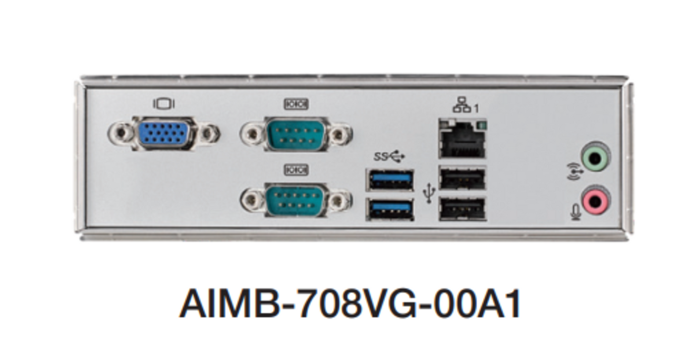 I/O of AIMB-708 with HDMI, USB 3.2, dual LAN ports, and serial ports