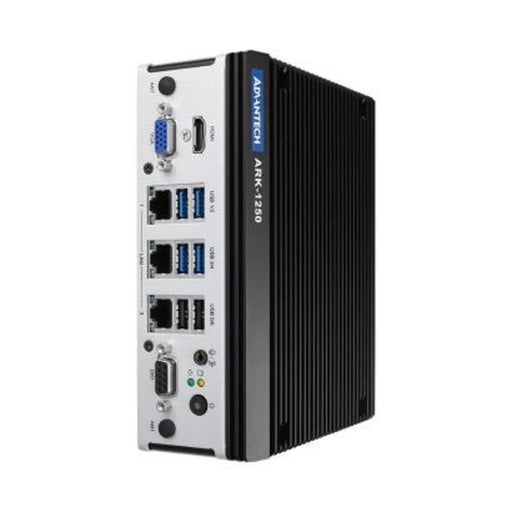 ARK-1250L front panel showing triple LAN, 4 COM, USB 3.2 and display ports