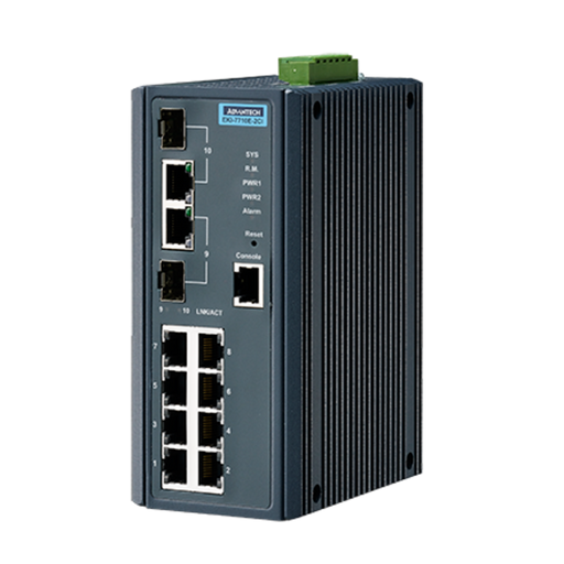 Front view of EKI-7710E-2CI-BE showing 8 RJ-45 and 2 SFP combo ports
