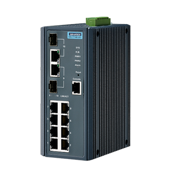 Front view of EKI-7710E-2CI-BE showing 8 RJ-45 and 2 SFP combo ports
