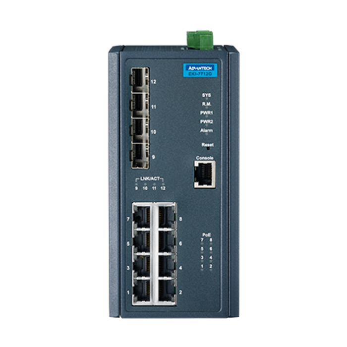 Front view of EKI-7712G-4FPI-AE showing 8 PoE+ ports and 4 SFP slots